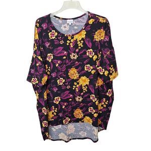 LuLaRoe Womens  2XL‎ Irma Pullover T Shirt Top Black Floral Hi Lo Hemline Knit